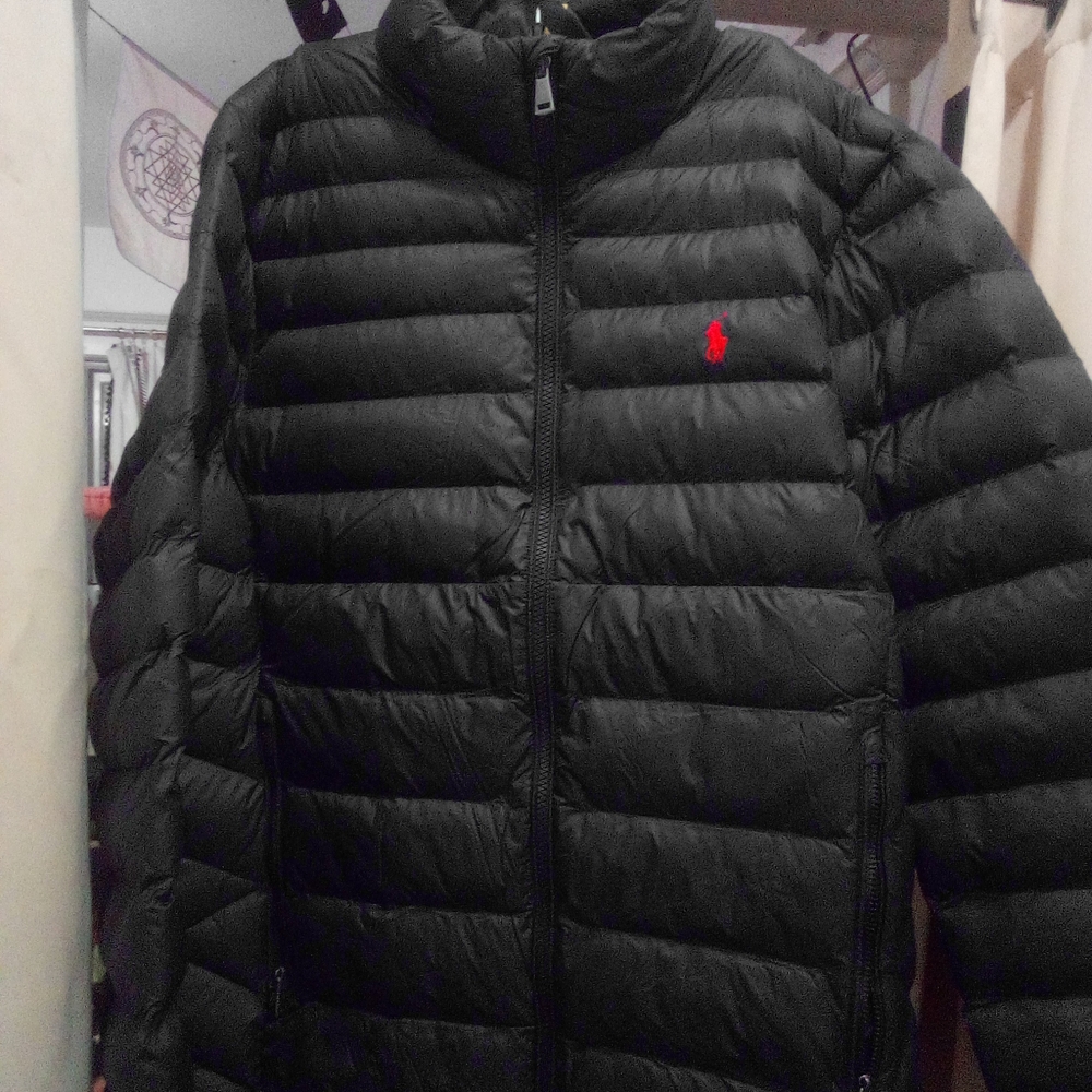 Polo Ralph Lauren Black Puffer Jacket with Red Logo Size Large